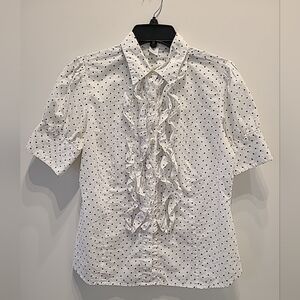 GRACIE Women’s Ruffle Front Blouse Short Sleeve White Polka Dot Size M